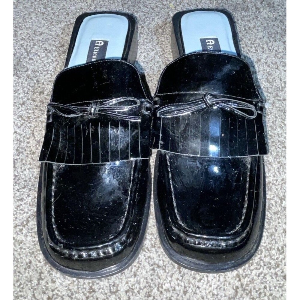 Etienne Aigner Black Patent Bow Mule Loafer Womens Sz 8 Square Toe Block Heel
